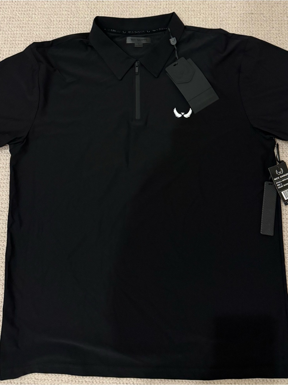 Men's Black Zip-Collar Polo with Wing Emblem